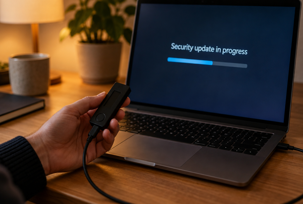 On a desk, a hand holds a small hardware cryptocurrency wallet connected by a cable to a laptop, whose screen displays a progress bar and the message: security update in progress