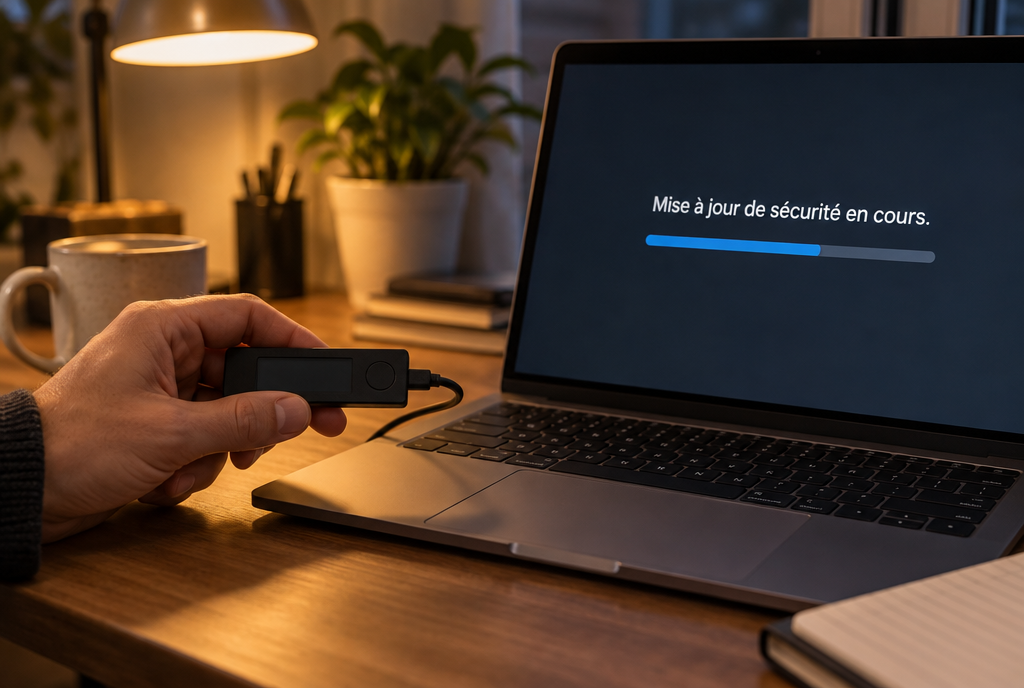 Sur un bureau, une main tient un petit portefeuille matériel de cryptomonnaie relié par un câble à un ordinateur portable, dont l'écran affiche une barre de progression et le message : mise à jour de sécurité en cours