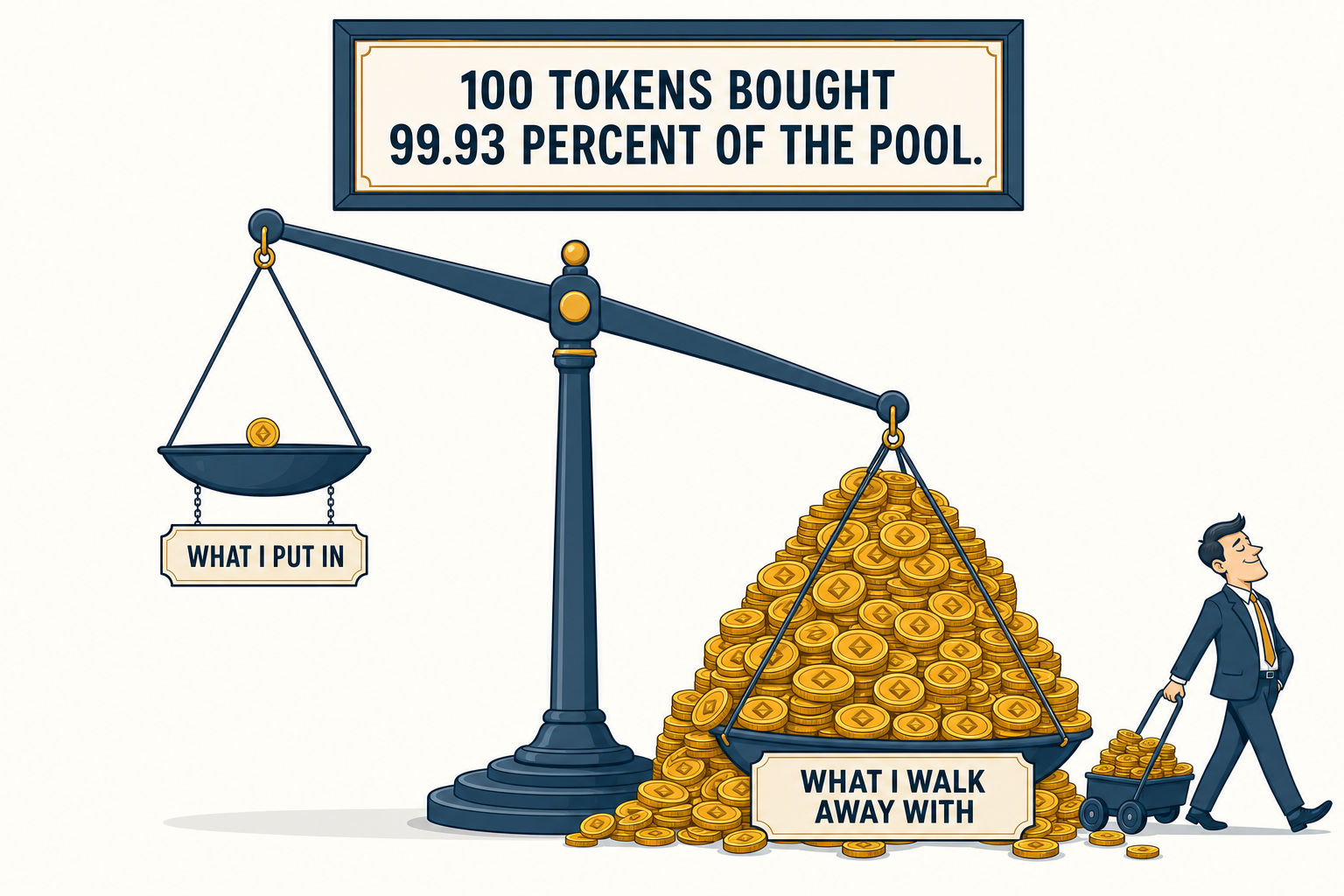 A very unbalanced scale, a single coin on one side, a mountain of coins on the other