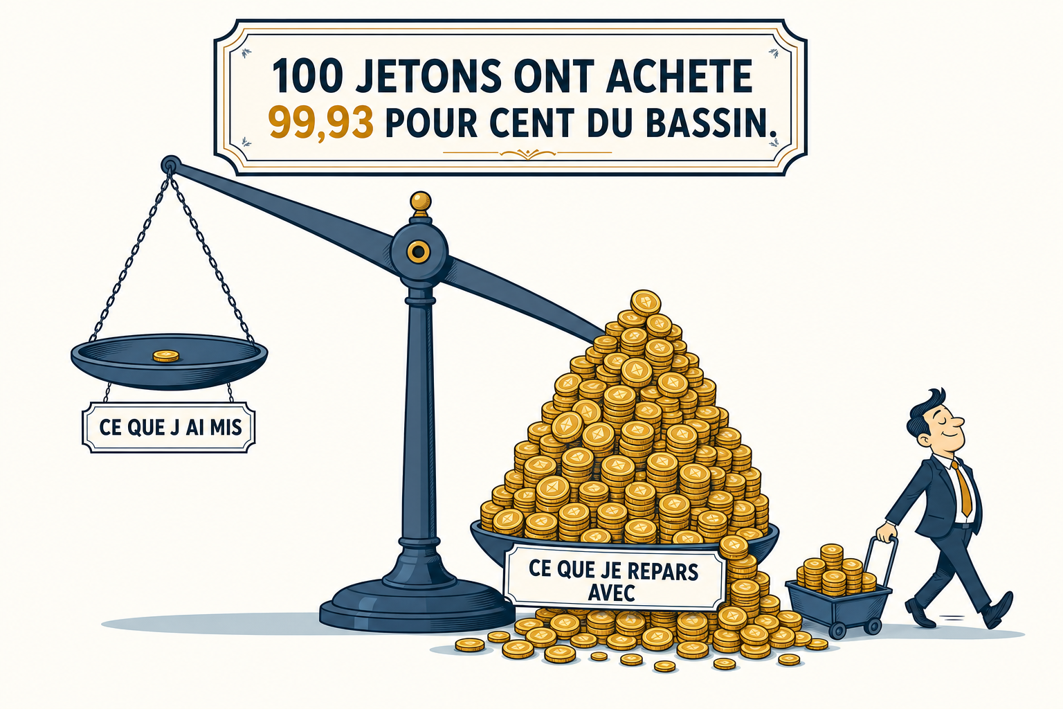 Une balance très déséquilibrée, une seule pièce d'un côté, une montagne de pièces de l'autre