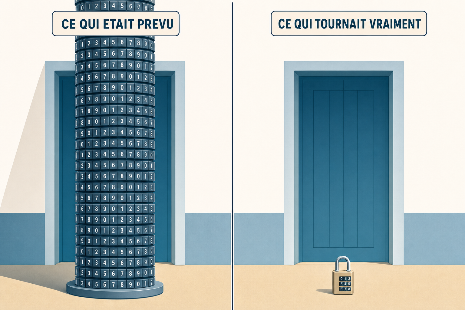 Illustration comparant un enorme cadenas a dizaines de molettes, ce qui etait prevu, et un minuscule cadenas a trois molettes, ce qui tournait vraiment