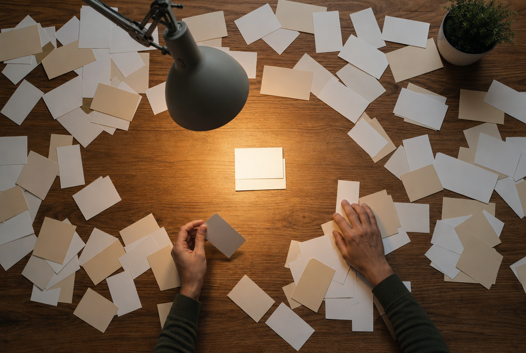 A large wooden table seen from above, covered with dozens of scattered paper cards, two of them set aside in the center under a lamp