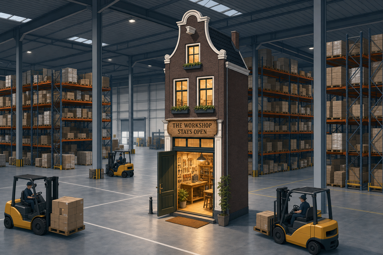 A narrow house in Amsterdam transformed into a workshop, standing in the middle of an immense logistics warehouse