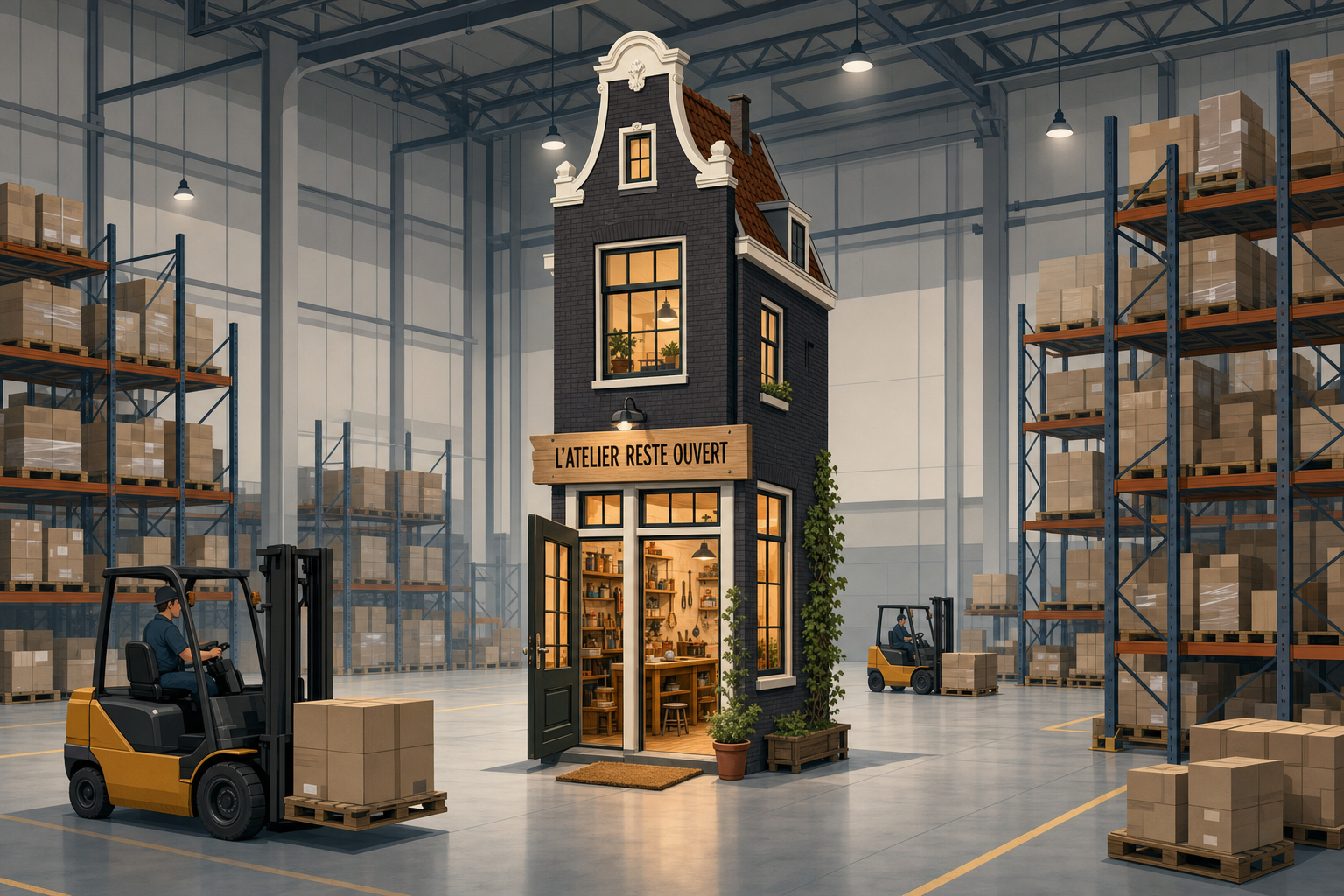 Une maison etroite d Amsterdam transformee en atelier, posee au milieu d un immense entrepot logistique