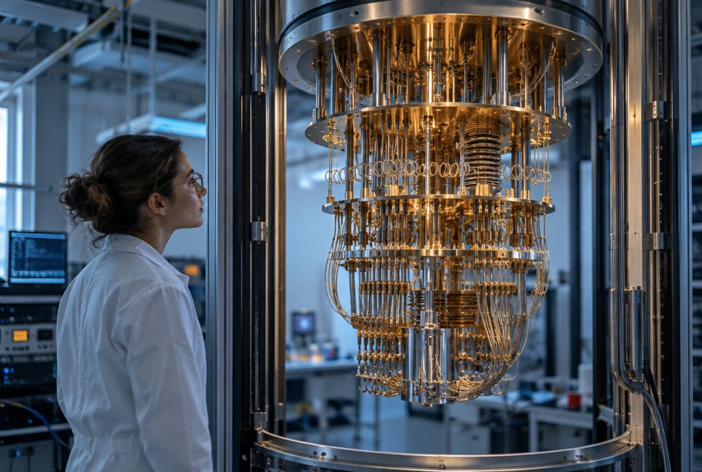 Dans un laboratoire, une chercheuse en blouse blanche observe le lustre doré d'un ordinateur quantique, un empilement de plateaux de cuivre et de tubes enroulés suspendu dans un cryostat cylindrique ouvert