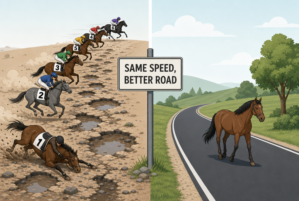 On the left, numbered racehorses gallop along a battered road, on the right, an ordinary horse walks along a new, smooth road