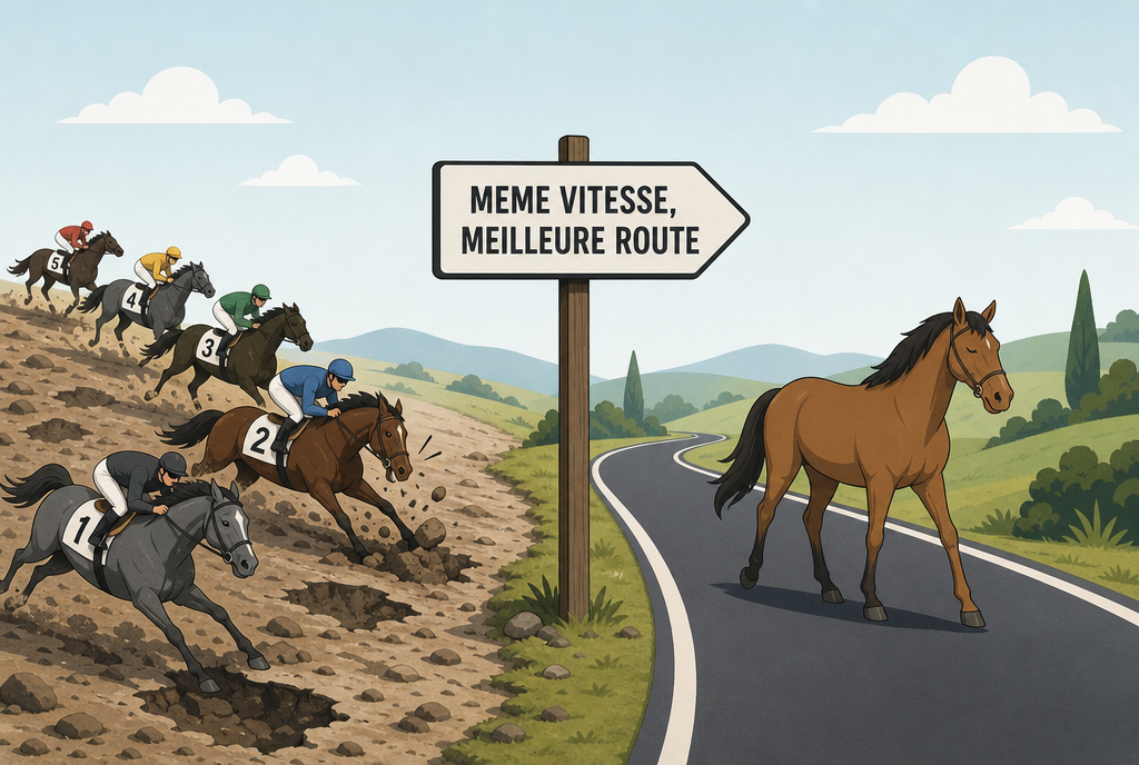 À gauche des chevaux de course numérotés galopent sur une route défoncée, à droite un cheval ordinaire marche sur une route neuve et lisse