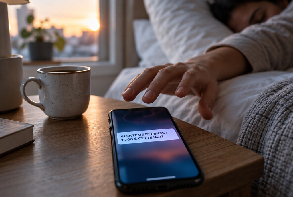 À l'aube, sur une table de nuit, un smartphone affiche la notification « Alerte de dépense : 1 700 $ cette nuit » à côté d'une tasse de café, pendant qu'une main endormie se tend vers lui