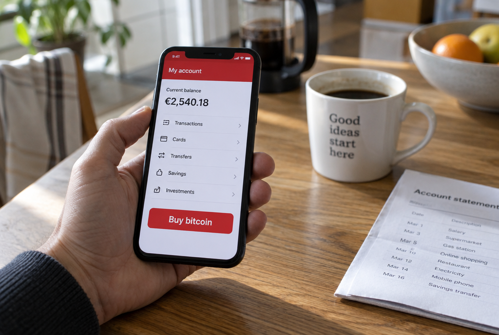 In a kitchen, a hand holds a smartphone displaying a banking app with a red banner and a big « Buy bitcoin » button and the balance of a current account just above, next to a cup of coffee and a paper bank statement