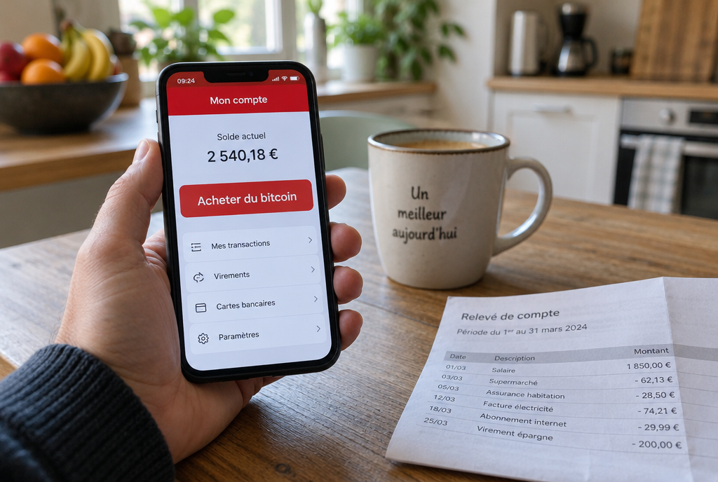 Dans une cuisine, une main tient un smartphone qui affiche une appli bancaire au bandeau rouge avec un gros bouton « Acheter du bitcoin » et le solde d'un compte courant juste au-dessus, à côté d'une tasse de café et d'un relevé bancaire papier