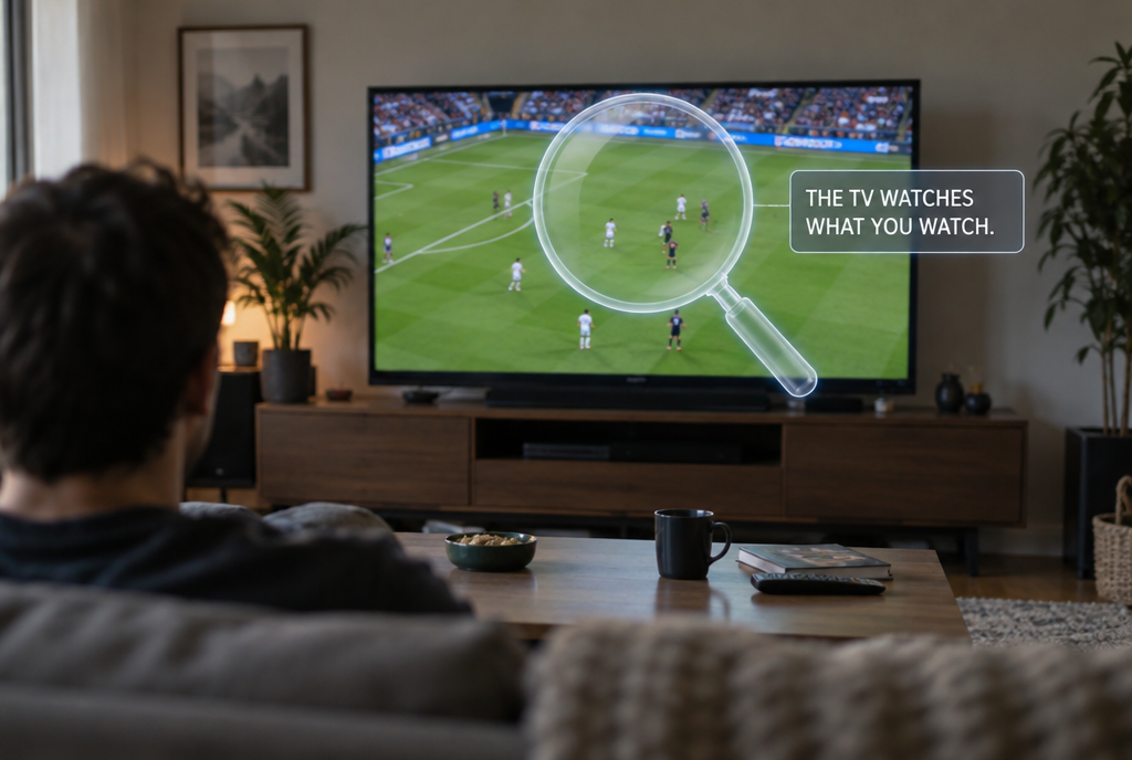 A living room TV is showing a football match, seen from behind a couch, with a translucent magnifying glass in front of the screen and the label “The TV watches what you watch”