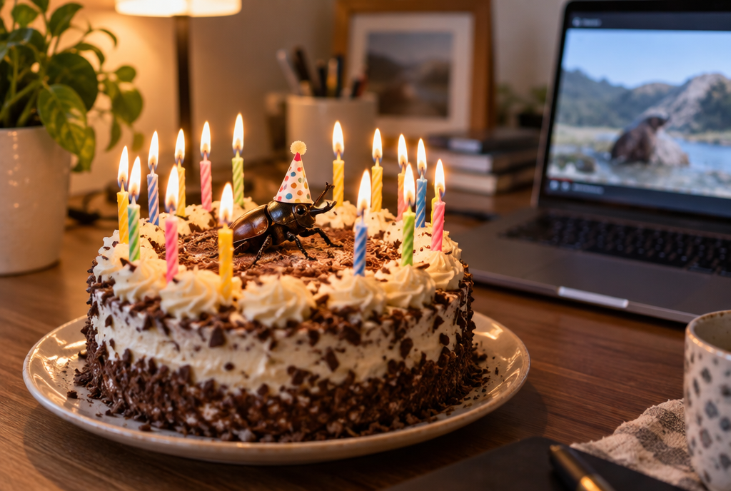 Sur un bureau, à côté d'un ordinateur portable qui lit une vidéo, un gâteau d'anniversaire avec seize bougies allumées, et posé au sommet du gâteau, un petit scarabée coiffé d'un chapeau de fête, un vrai bug, qui a l'air très content de son anniversaire