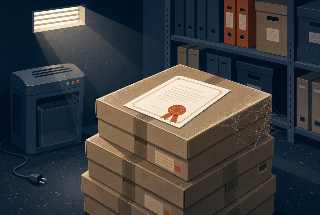 Un certificat officiel posé sur des cartons d'archives scellés et poussiéreux, avec une broyeuse débranchée dans le fond