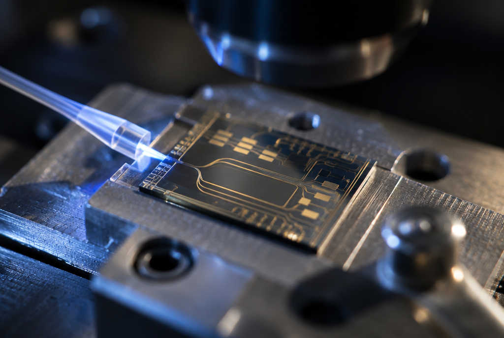 A close-up of a photonic circuit with an optical fiber