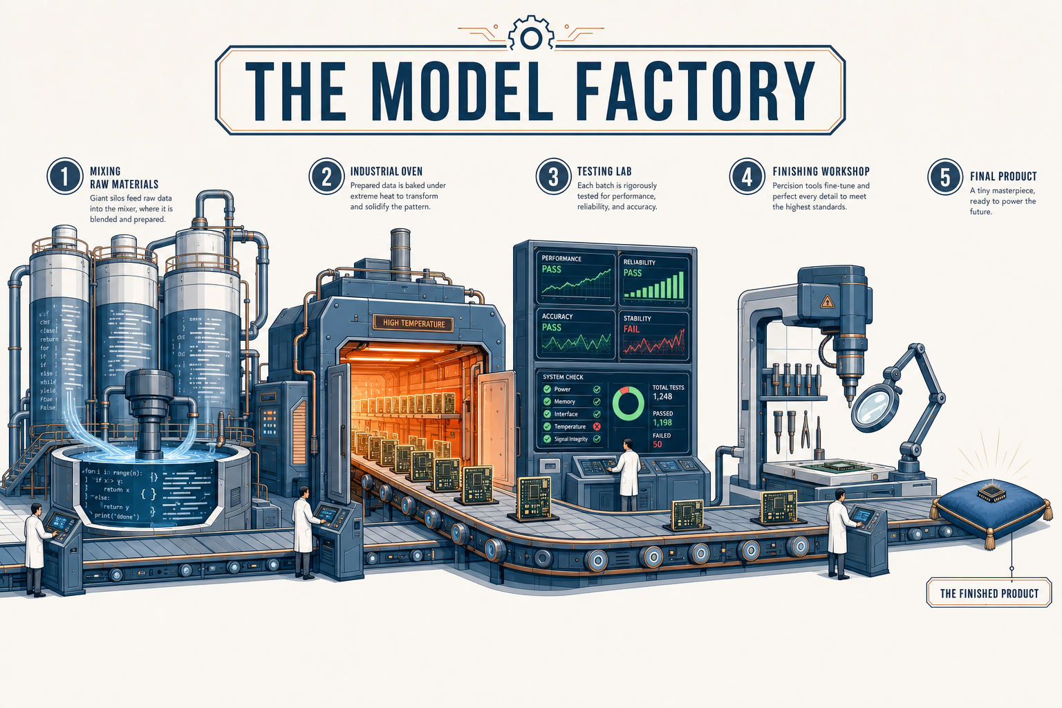 Cutaway view of a model factory with five numbered stations, from mixing the data to the output of a tiny file