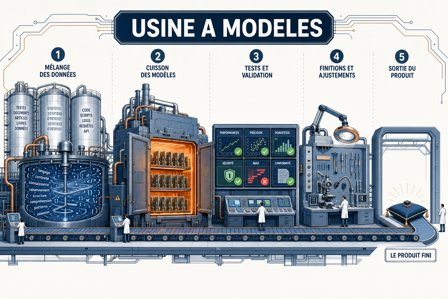 Vue en coupe d'une usine à modèles en cinq postes numérotés, du mélange des données jusqu'à la sortie d'un fichier minuscule