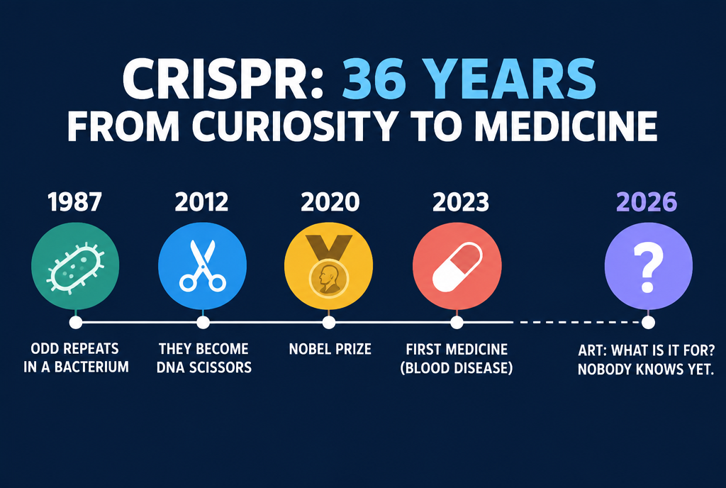 Timeline: 1987, strange repetitions spotted in a bacterium; 2012, they become DNA scissors; 2020, Nobel Prize; 2023, first medicine for a blood disease; 2026, ART, what is it for? nobody knows yet