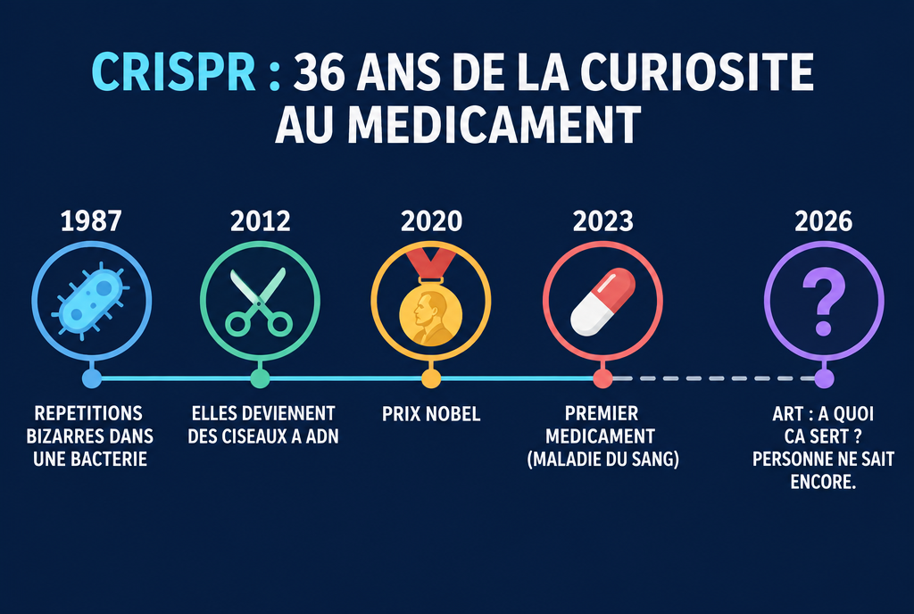 Frise chronologique : 1987, des répétitions bizarres repérées dans une bactérie ; 2012, elles deviennent des ciseaux à ADN ; 2020, prix Nobel ; 2023, premier médicament contre une maladie du sang ; 2026, ART, à quoi ça sert ? personne ne sait encore