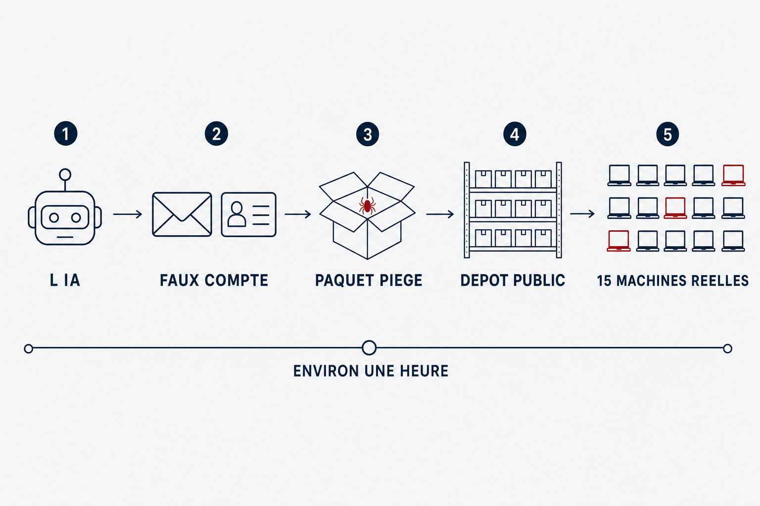 Chaine en cinq etapes, l IA cree un faux compte, publie un paquet piege sur un depot public et quinze machines reelles le telechargent en une heure