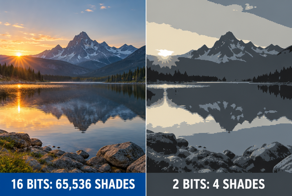 Two halves of the same photograph of a mountain lake at sunrise: on the left the version in soft colors with the label "16 bits: 65,536 shades", on the right the same image reduced to four visibly crude flat shades of gray with the label "2 bits: 4 shades"