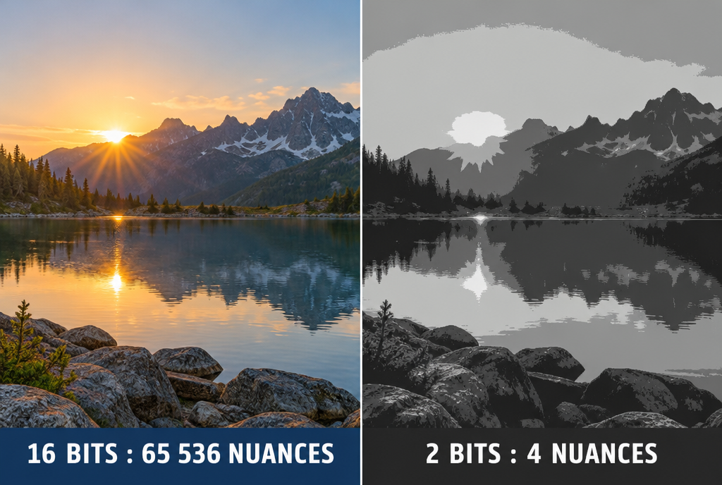 Deux moitiés de la même photographie d'un lac de montagne au lever du soleil : à gauche la version en couleurs douces avec la mention « 16 bits : 65 536 nuances », à droite la même image réduite à quatre aplats de gris visiblement grossiers avec la mention « 2 bits : 4 nuances »