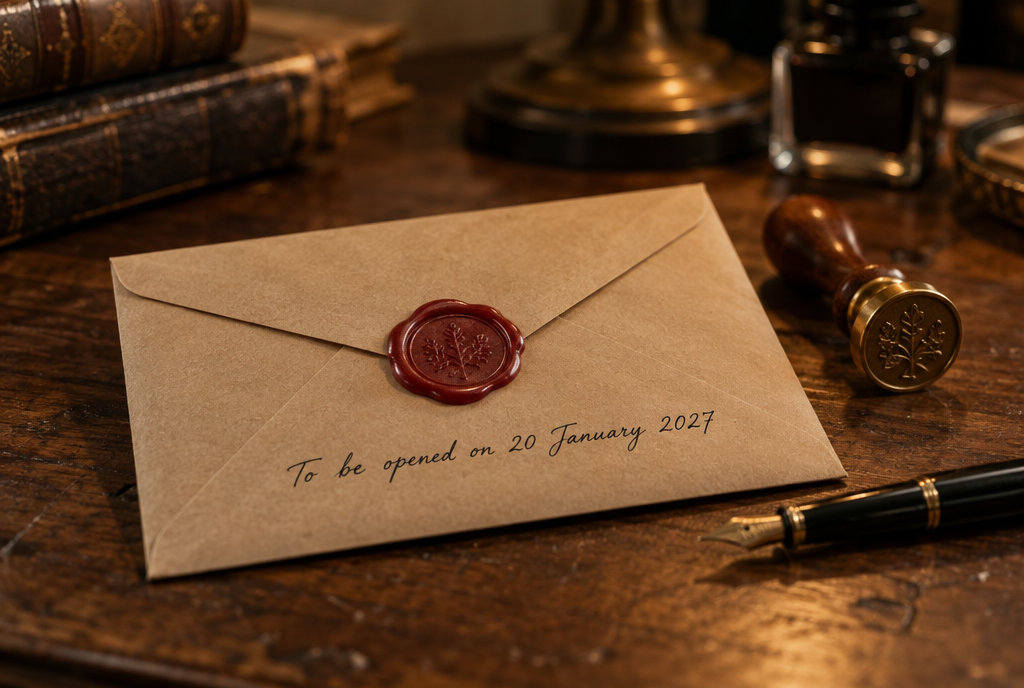 On a notary's wooden desk, a kraft envelope closed with a red wax seal bears the handwritten inscription: to be opened on January 20, 2027. Next to it, a stamp and a fountain pen