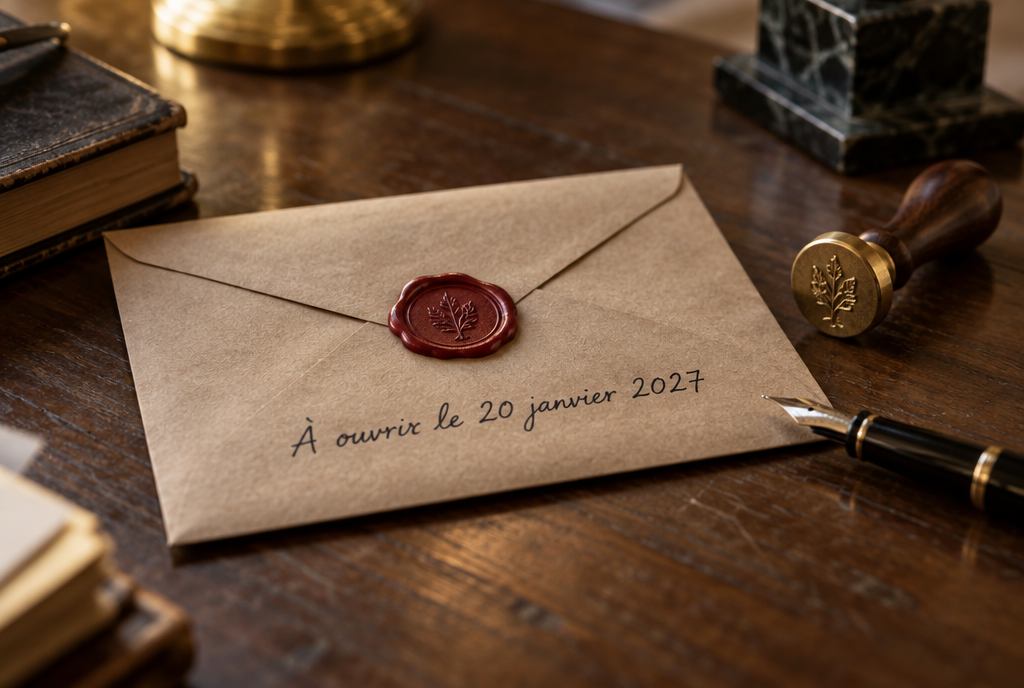 Sur un bureau en bois de notaire, une enveloppe kraft fermée par un cachet de cire rouge porte l'inscription manuscrite : à ouvrir le 20 janvier 2027. À côté, un tampon et un stylo plume