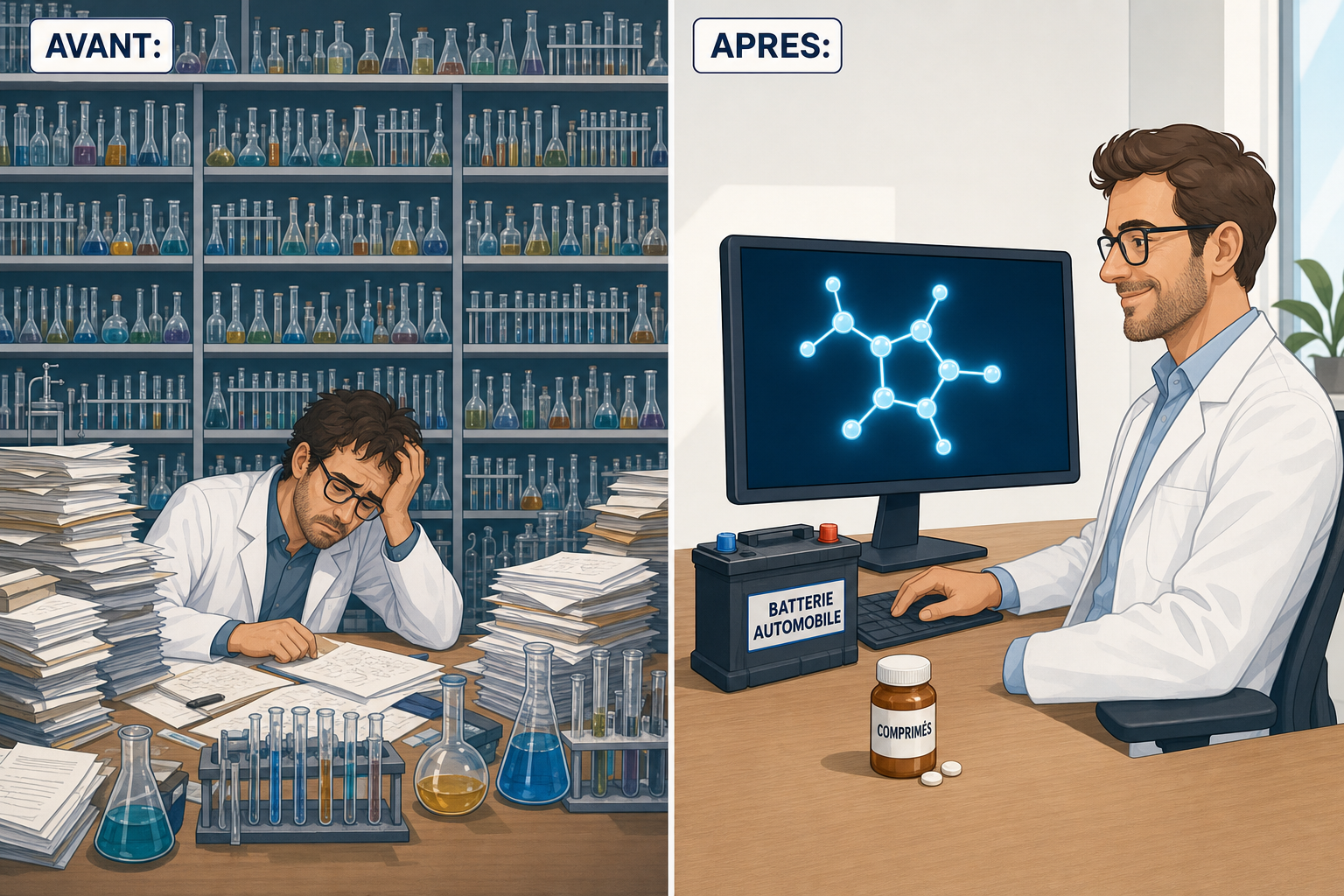 Illustration en deux panneaux, à gauche un chercheur épuisé devant un mur de milliers d'éprouvettes, à droite le même chercheur détendu devant un écran affichant une molécule, avec une batterie de voiture et une boîte de médicaments à côté