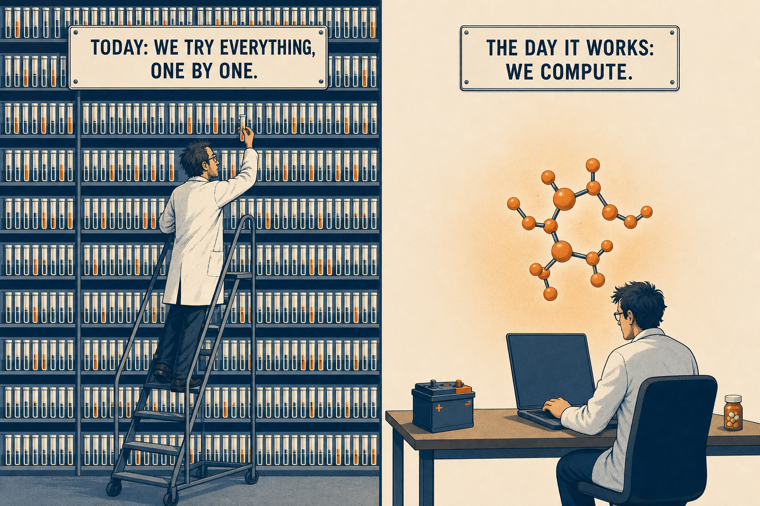 A gauche un mur de milliers d'eprouvettes essayees une par une, a droite un chimiste devant une molecule calculee a l'ecran