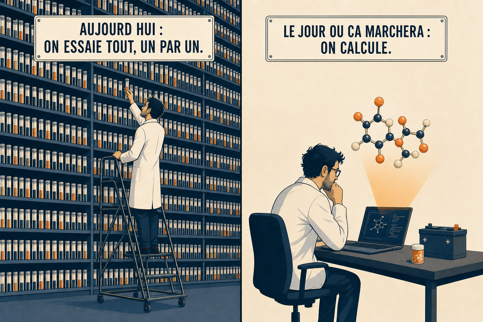 A gauche un mur de milliers d'eprouvettes essayees une par une, a droite un chimiste devant une molecule calculee a l'ecran