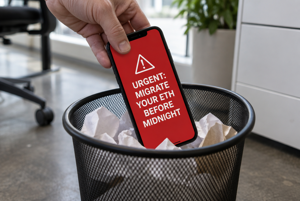 A hand throws a smartphone into an office bin ; on the screen, a fake alarmist message in red announces « Urgent: migrate your ETH before midnight »