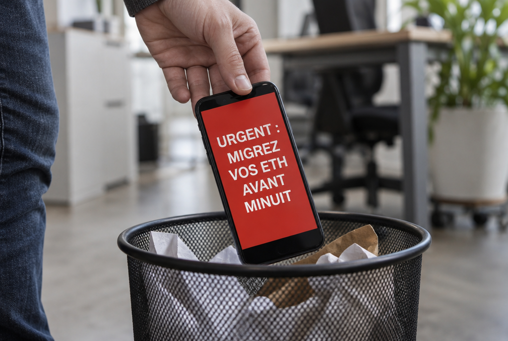 Une main jette un smartphone dans une poubelle de bureau ; sur l'écran, un faux message alarmiste en rouge annonce « Urgent : migrez vos ETH avant minuit »