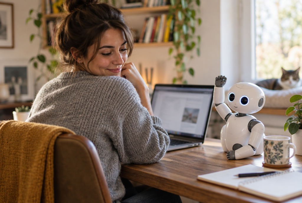 Une personne à son bureau devant un ordinateur portable ; à côté d'elle, un petit robot assistant lève poliment la main, comme un élève qui demande la permission avant d'agir