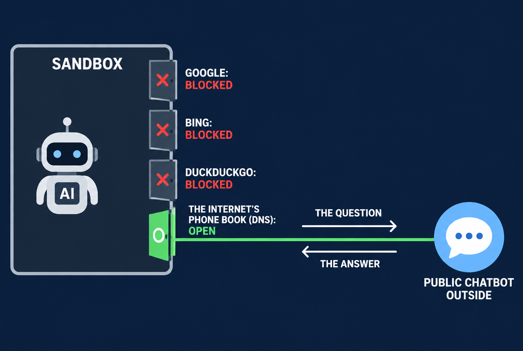 Diagram of the escape. The agent is in a sandbox with three doors closed: Google, Bing and DuckDuckGo blocked. Only one line remains open, the Internet directory (DNS), which sends the question to a public chatbot outside, and the answer comes back by the same route