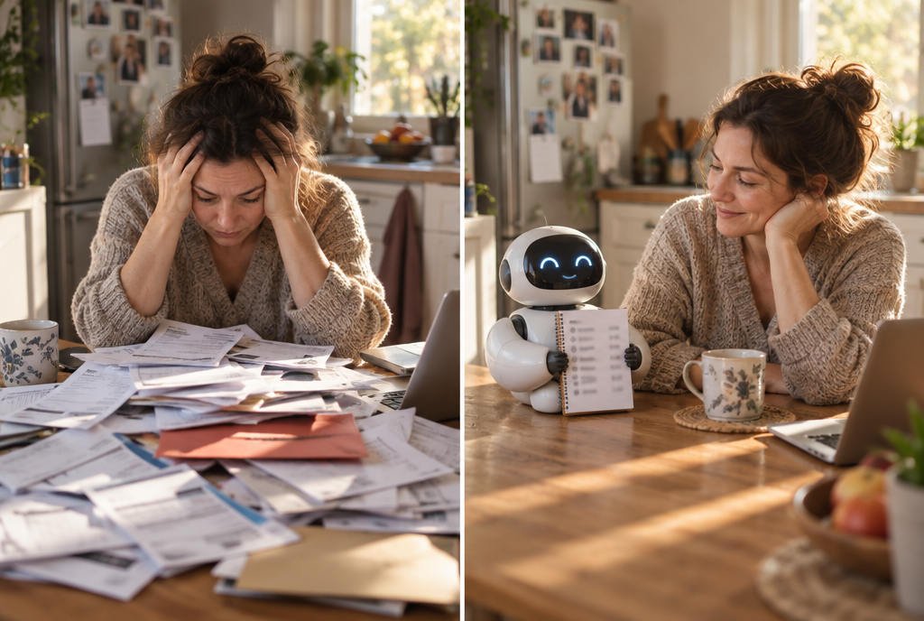 Avant et après. Avant : une personne débordée devant une pile de factures d'abonnements mensuels à des journaux et des services. Après : un petit robot tient un carnet de dépenses où s'alignent quelques centimes par article lu
