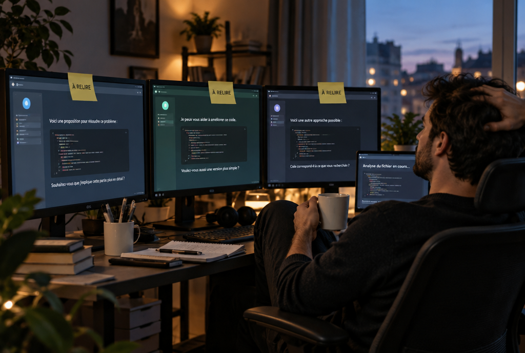Le soir, un développeur adossé à son fauteuil, une tasse à la main, devant trois écrans d'assistants de code portant chacun un post-it « À relire »