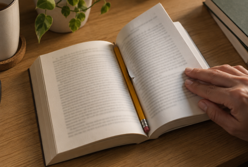 A hand closes a paperback book over a pencil stuck in the hollow of the spine, and the middle page starts tearing along the pencil