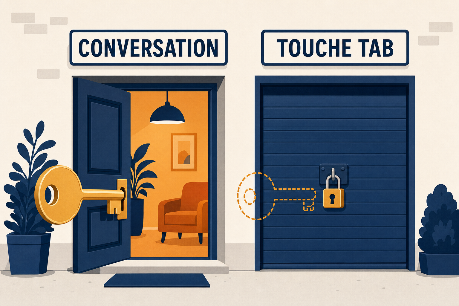 Une clé qui ouvre la porte d'entrée marquée conversation mais pas la porte de garage marquée touche Tab