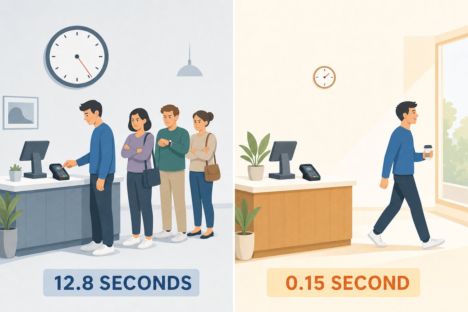 Avant et après : une file d'attente impatiente à 12,8 secondes, personne à 0,15 seconde