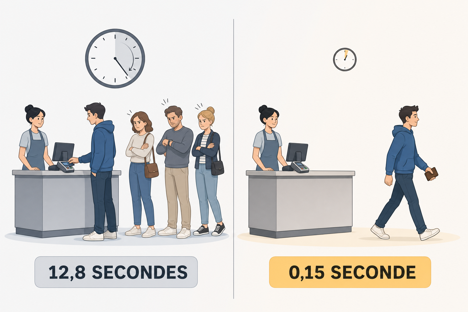 Avant et après : une file d'attente impatiente à 12,8 secondes, personne à 0,15 seconde