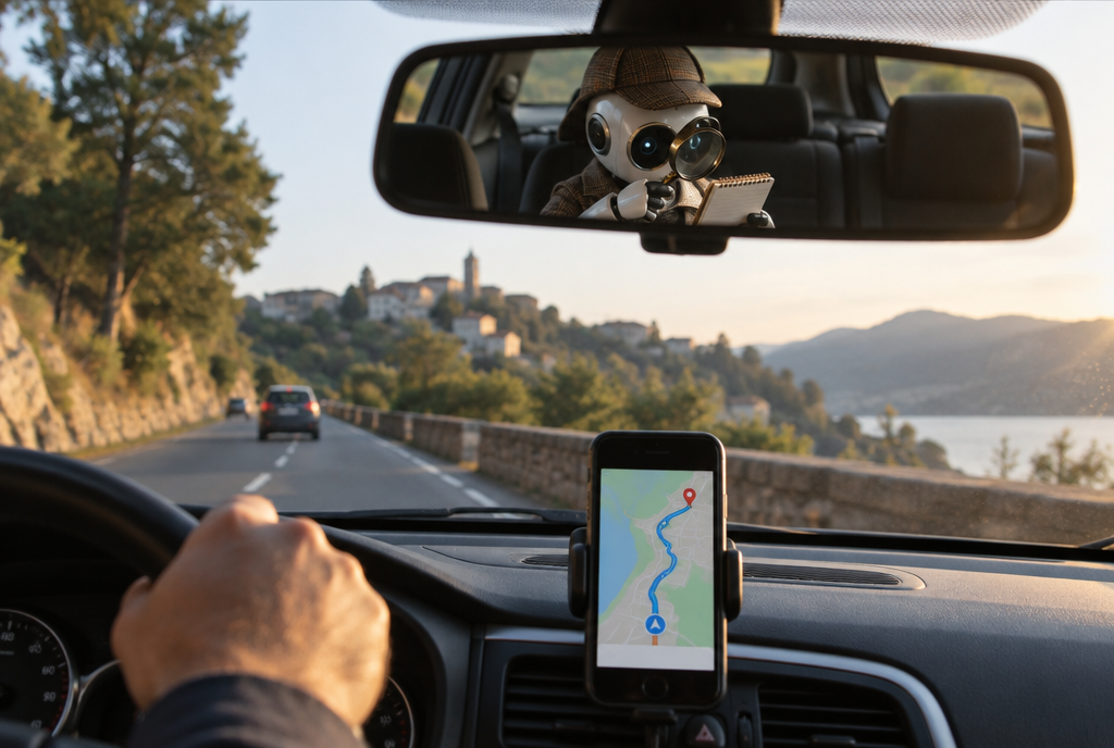 A smartphone fixed to the dashboard of a car displays a navigation map ; in the rear-view mirror, you can make out a little detective robot observing the screen through a magnifying glass