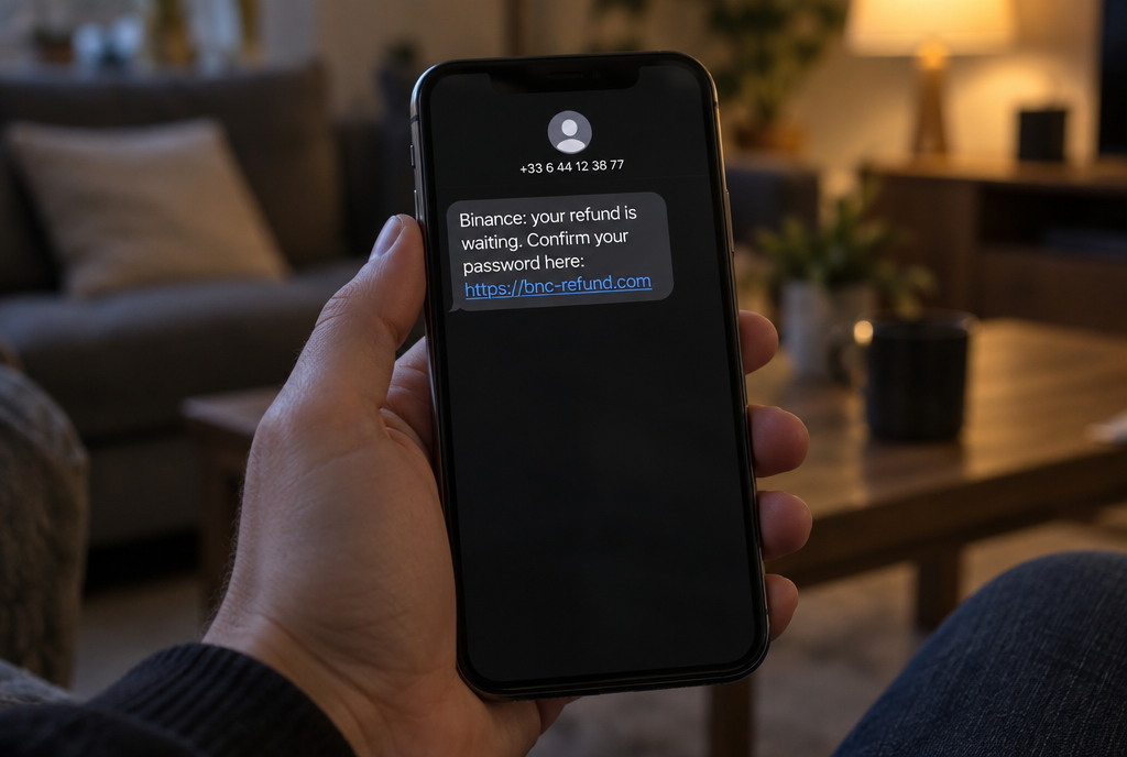 A hand holds a smartphone displaying a text message from an unknown number: “Binance: your refund is waiting for you. Confirm your password here”, followed by a suspicious link