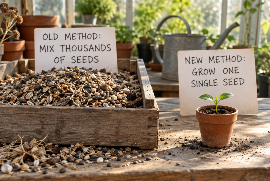 On a greenhouse workbench, on the left a crate filled with thousands of dry seeds with a sign saying “Old method: mix thousands of seeds”, on the right a single terracotta pot with a young green shoot and a sign saying “New method: grow a single seed”