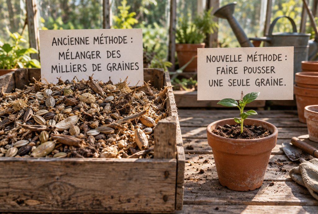 Sur un établi de serre, à gauche une caisse remplie de milliers de graines sèches avec une pancarte « Ancienne méthode : mélanger des milliers de graines », à droite un seul pot en terre cuite avec une jeune pousse verte et une pancarte « Nouvelle méthode : faire pousser une seule graine »