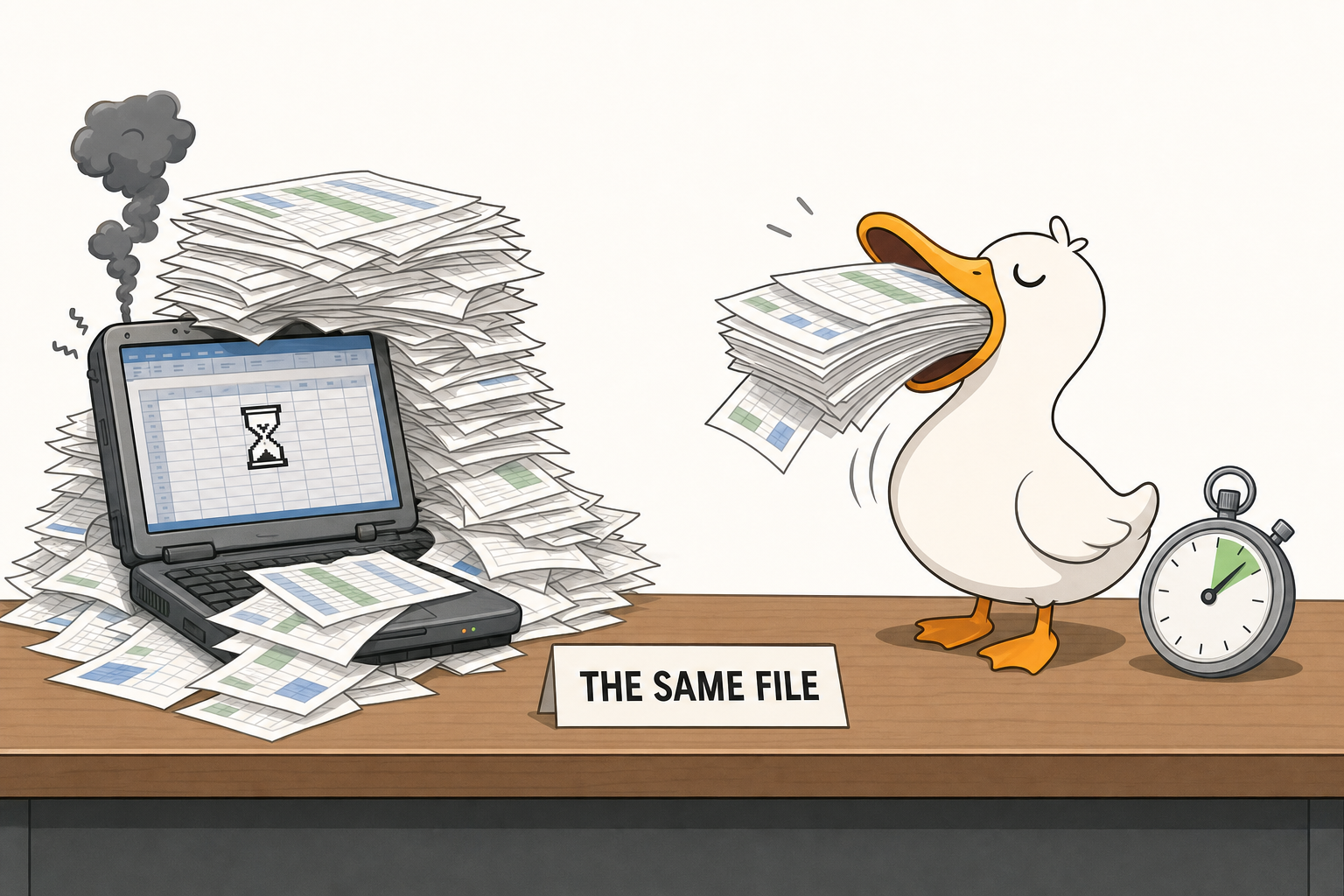 An old laptop giving up the ghost under a stack of paper while a duck swallows the same stack in one bite