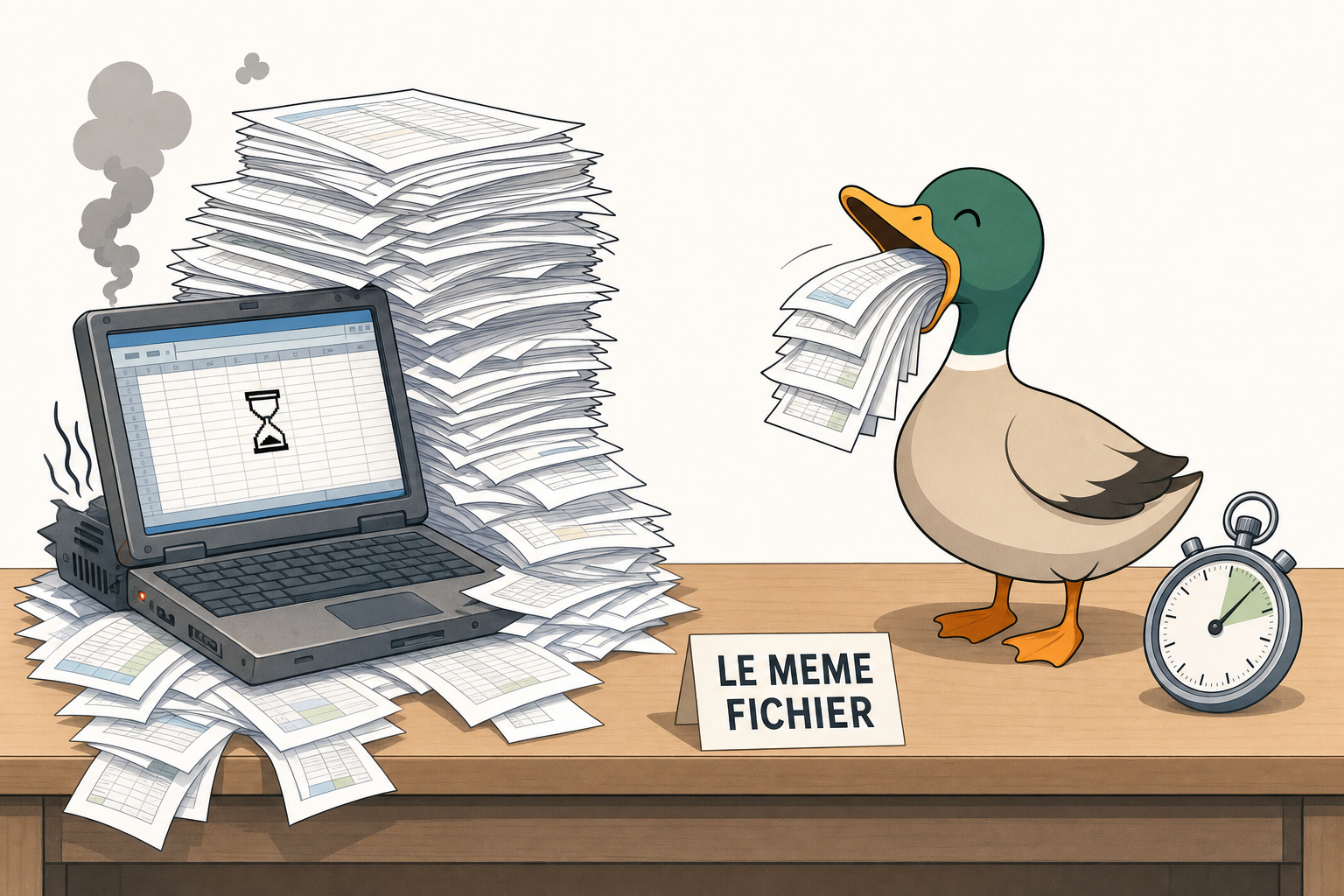 Un vieil ordinateur portable qui rend l ame sous une pile de papier pendant qu un canard avale la meme pile en une bouchee