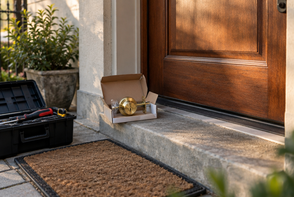 A new brass lock in its opened packaging, placed on the threshold of an intact wooden front door, next to a toolbox