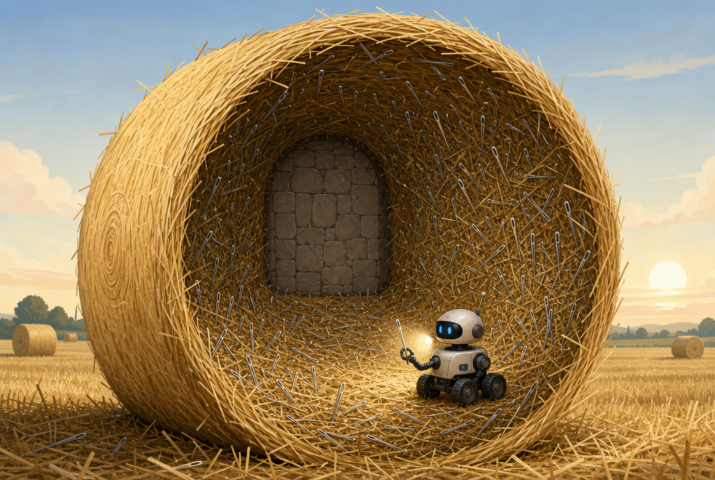 A haystack opened in cross-section and filled with needles, a small robot examining one, and in the background a walled-up stone door