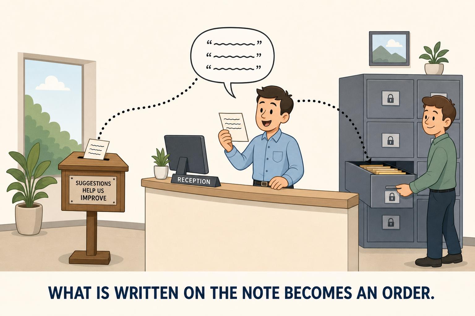 The note placed in the suggestion box, read aloud, becomes an order