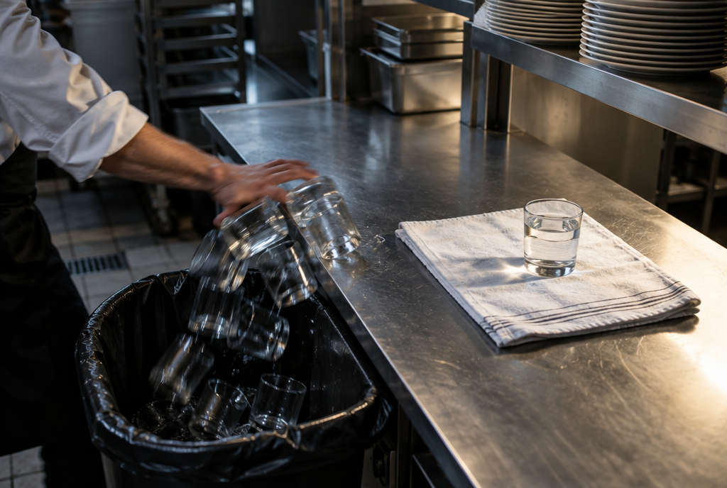 Vue de dessus d'un passe de cuisine en inox : une douzaine de verres d'eau identiques alignés, dont onze sont balayés dans une poubelle par le bras d'un cuisinier, un seul verre restant posé sur un linge blanc